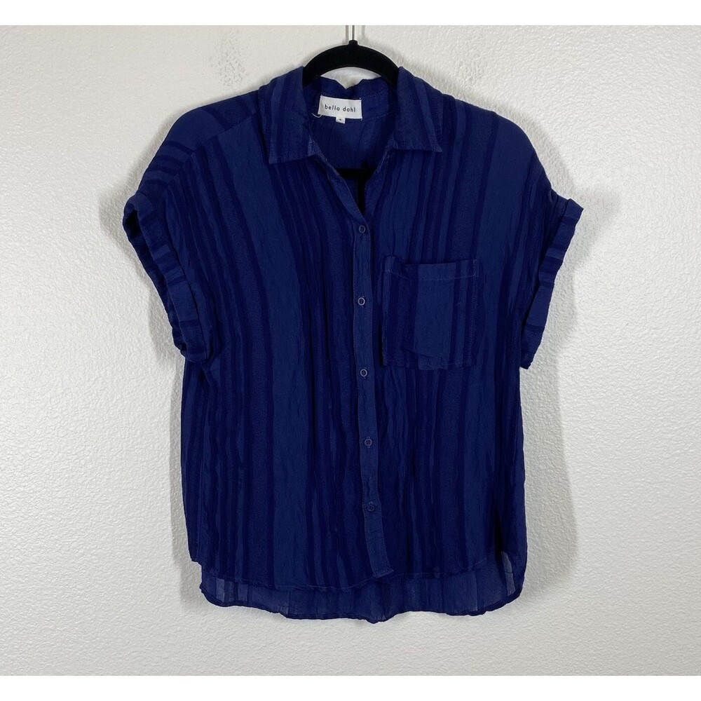 BELLA DAHL Pintucked Shirt Womens Small Blue Button Up Short Sleeve Coastal Camp